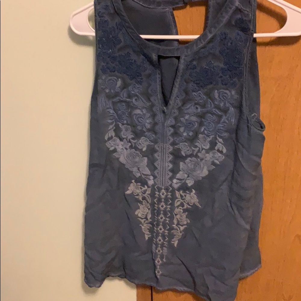 EMBROIDERED BLUE SUEDE TOP